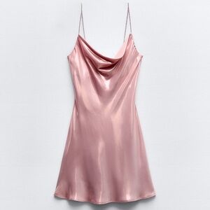 NEW NWT ZARA Rhinestone Foil Mini Dress Pink Rose Gold Metallic XS Crystal Strap